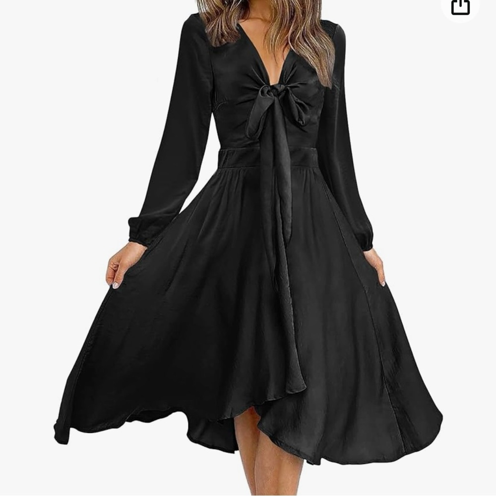 Women's Satin Deep V Neck Dresses Tie Front Flowy Ruffle A-Line Midi Dress